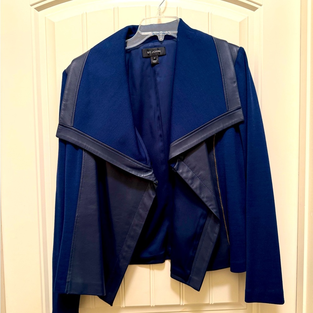 St John Blue Wool Leather trimmed Bomber Knit Jacket Sz 14